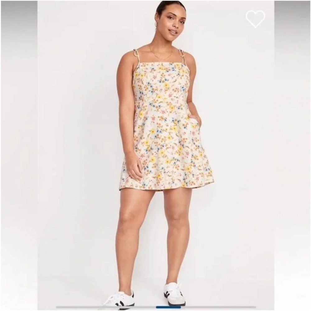 Fit & Flare Tie-Strap Linen-Blend Mini Dress- Small TALL